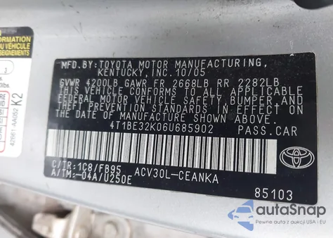 2006 Toyota Camry Le из США, поврежденный, VIN 4T1BE32K06U685902